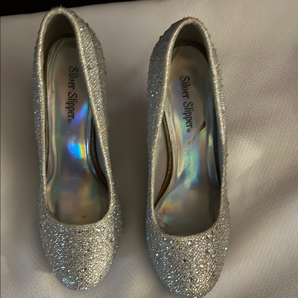 Silver Glitter Stiletto Heels with Pointed Toe